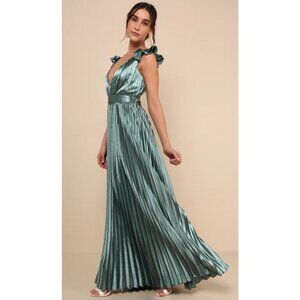 Pleated Sage Green Ruffle-Sleeve Maxi Dress